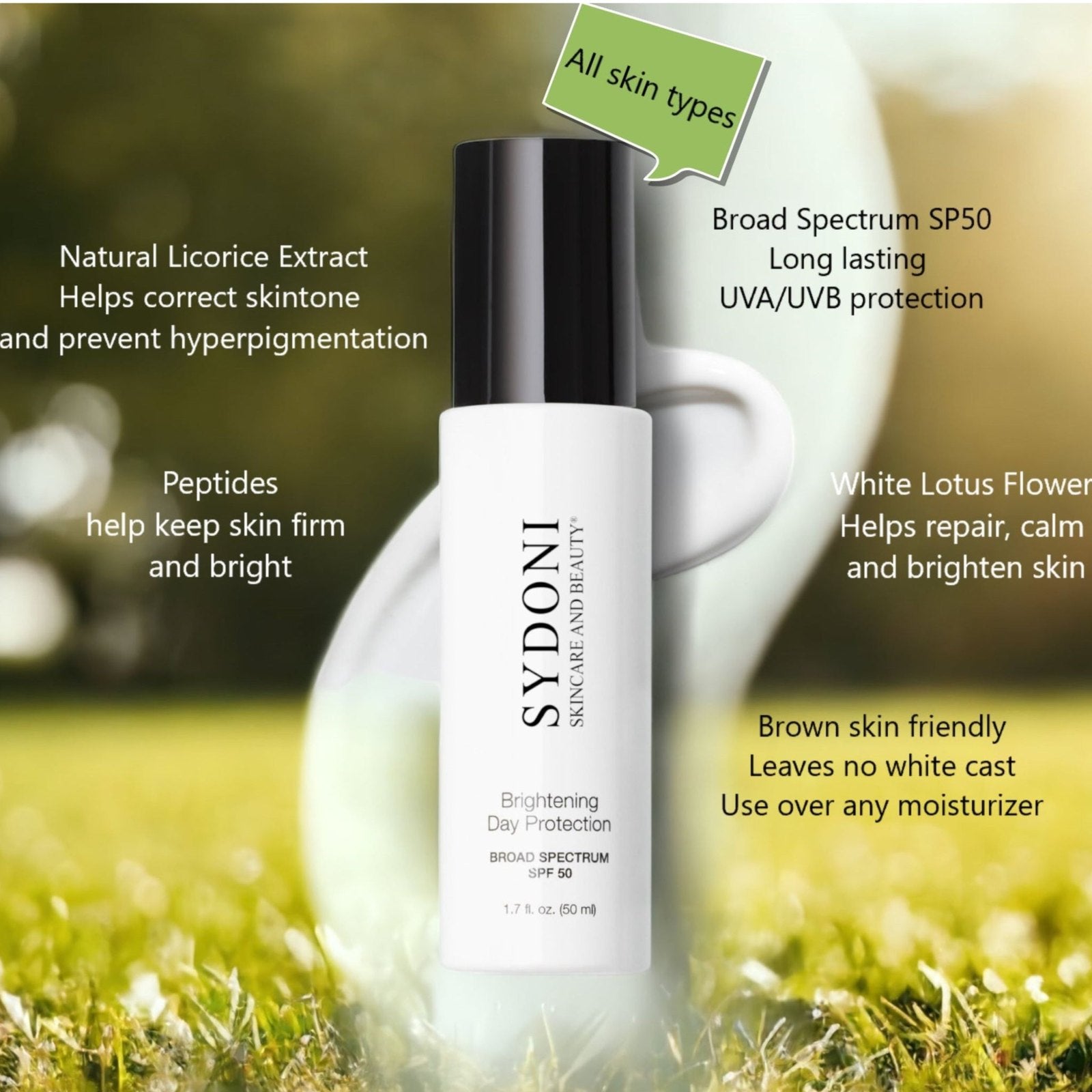 #1 SELLER! BRIGHTENING DAY PROTECTION BROAD SPECTRUM SPF 50 with NATURAL LICORICE EXTRACT 1.75oz.